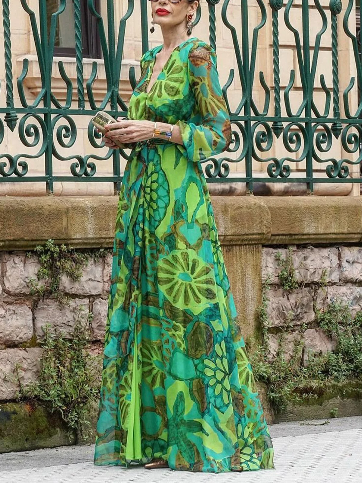 Vacation Botanical Pattern Printing V Neck Maxi Dress