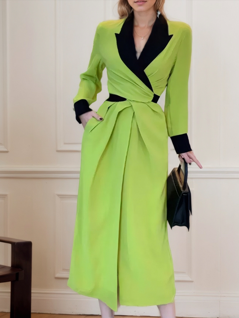 Elegant Color Block Cross Lapel Collar Midi Dress