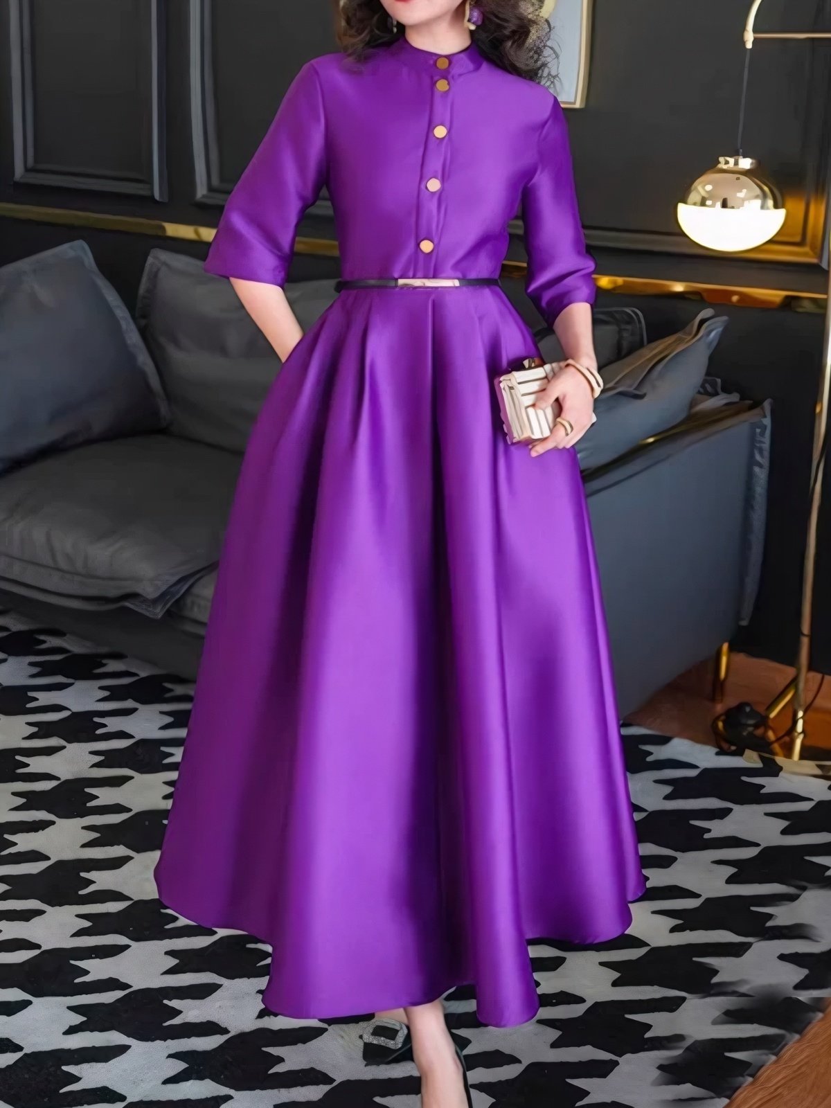 Elegant Plain Buttoned Stand Collar Maxi Dress