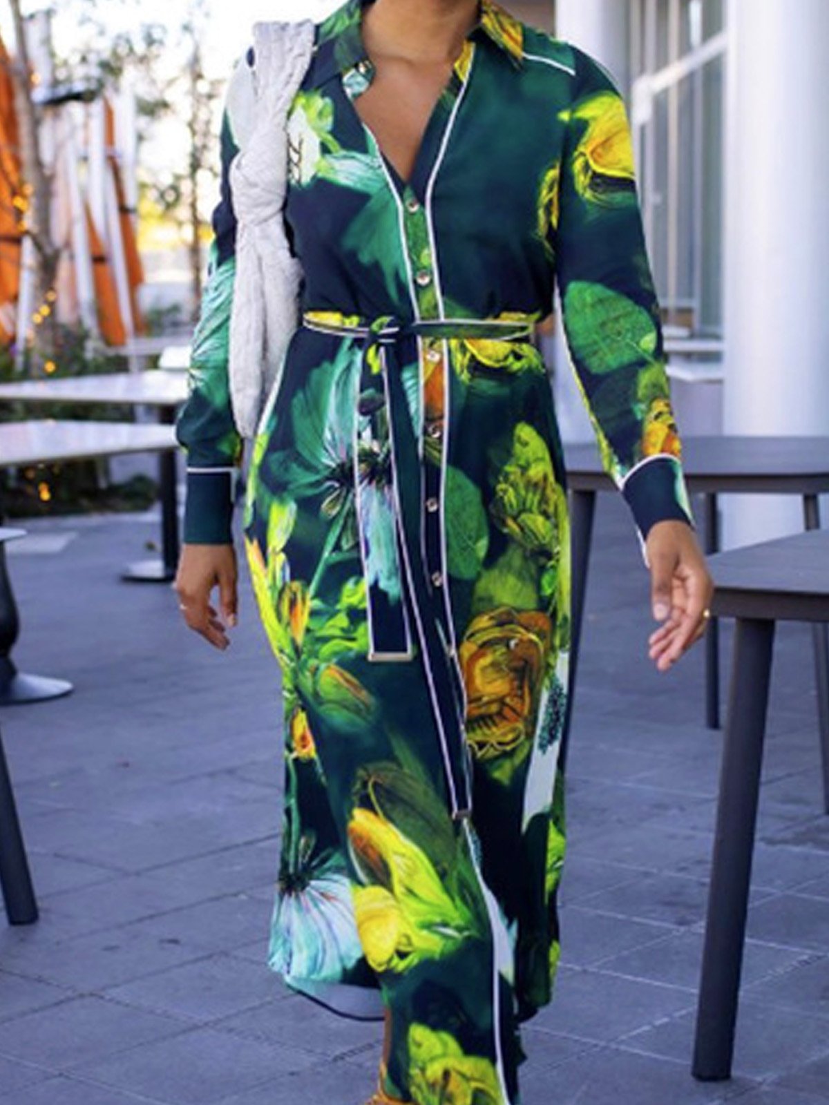 Urban Floral Printing Shirt Collar Midi Dress With Belt