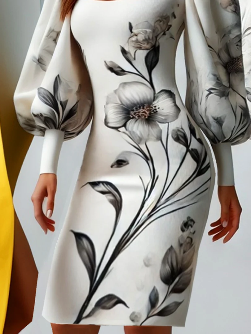 Urban Floral Balloon Sleeve Printing Square Neck Midi Dress