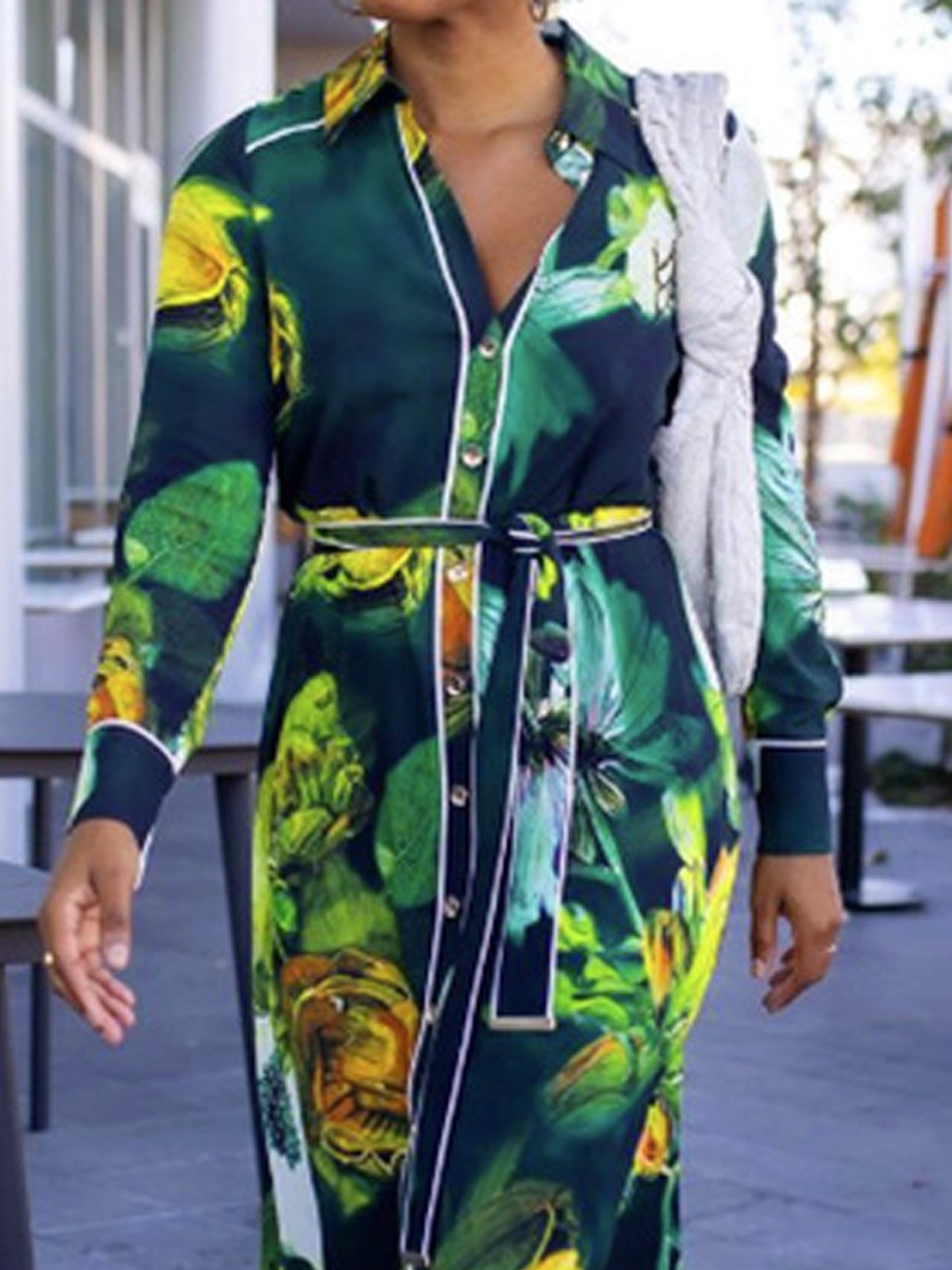 Urban Floral Printing Shirt Collar Midi Dress With Belt