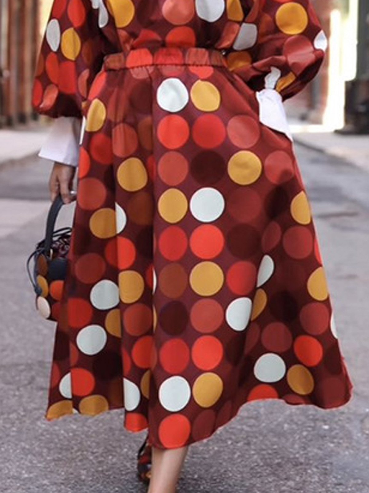 Urban Polka Dots Balloon Sleeve Printing Shawl Collar Maxi Dress