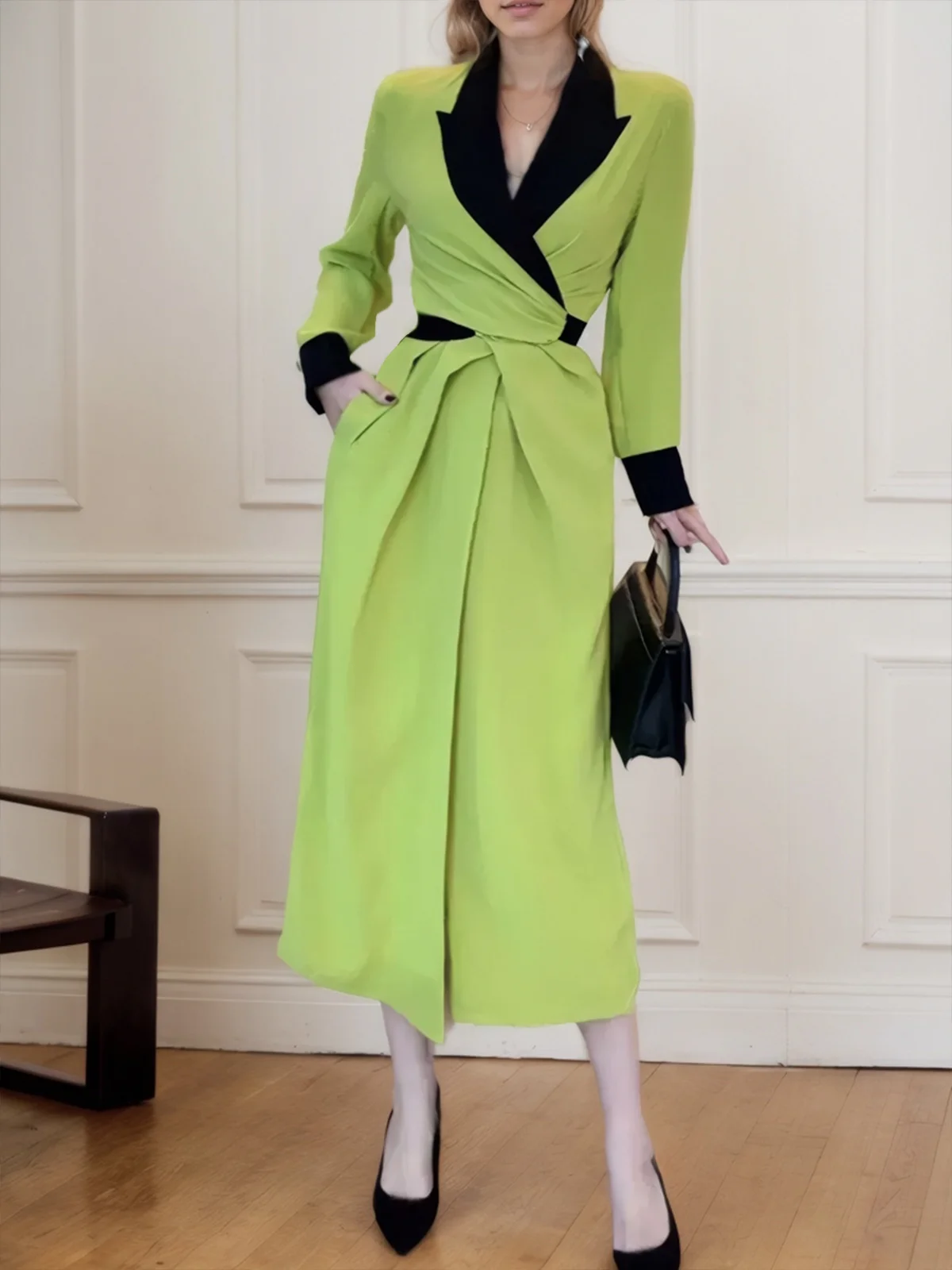 Elegant Color Block Cross Lapel Collar Midi Dress