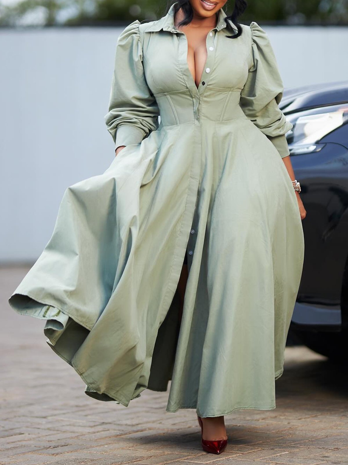 Urban Plain Shirt Collar Maxi Dress