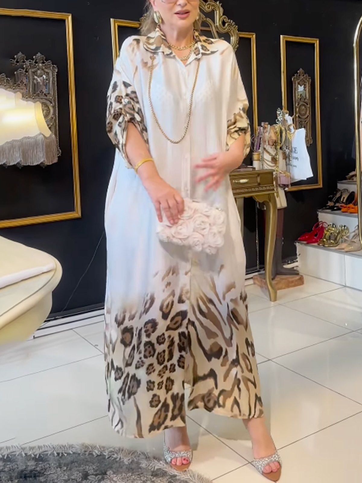 Casual Leopard Loosen Shirt Collar Maxi Dress