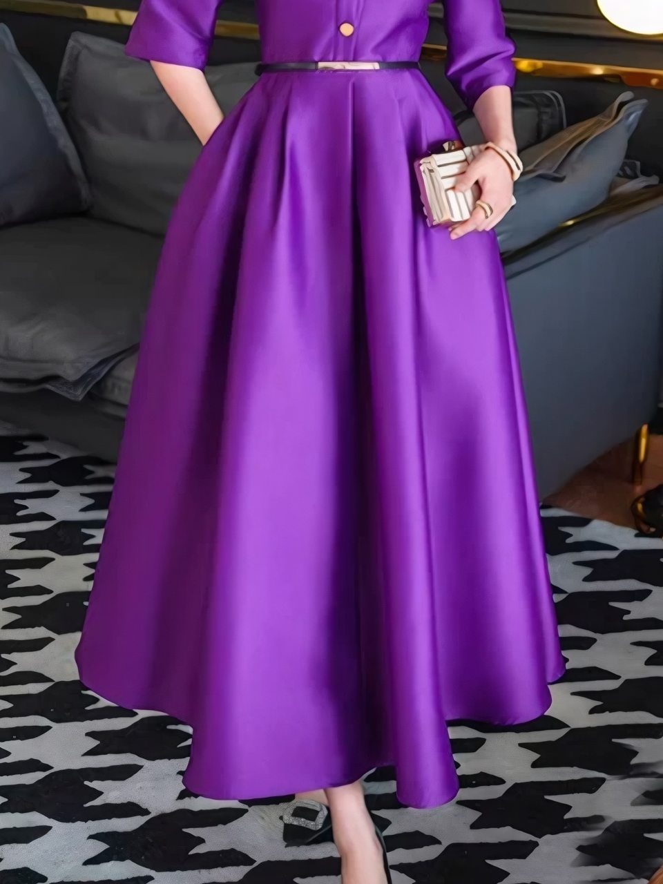 Elegant Plain Buttoned Stand Collar Maxi Dress