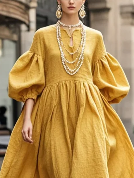 Elegant Plain Balloon Sleeve Notched Midi Dress