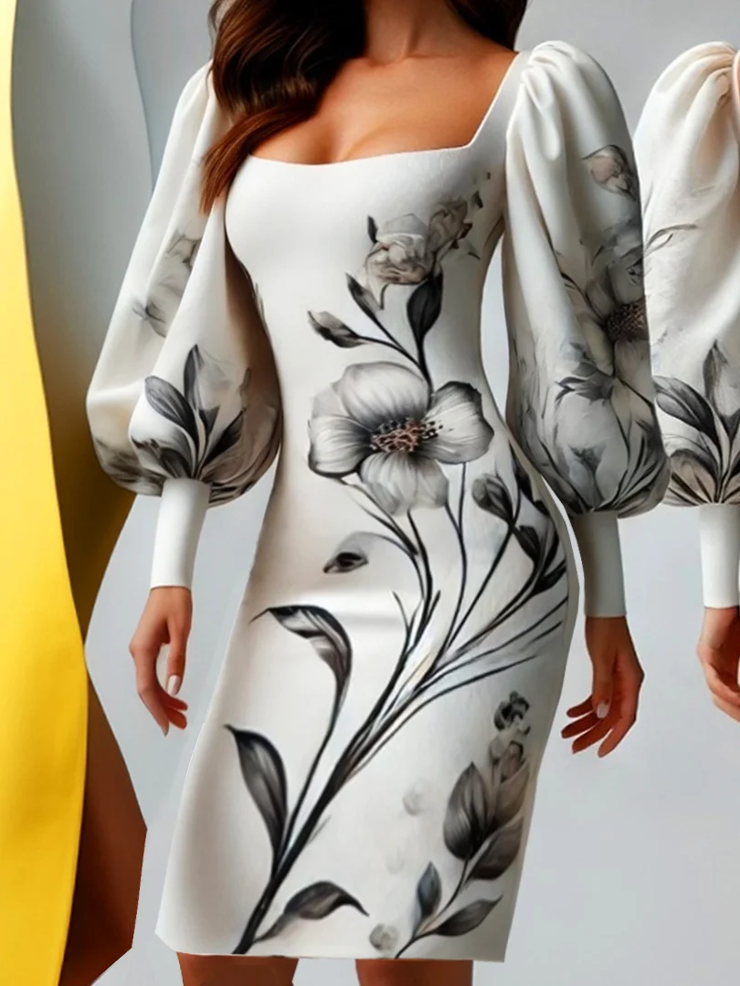 Urban Floral Balloon Sleeve Printing Square Neck Midi Dress