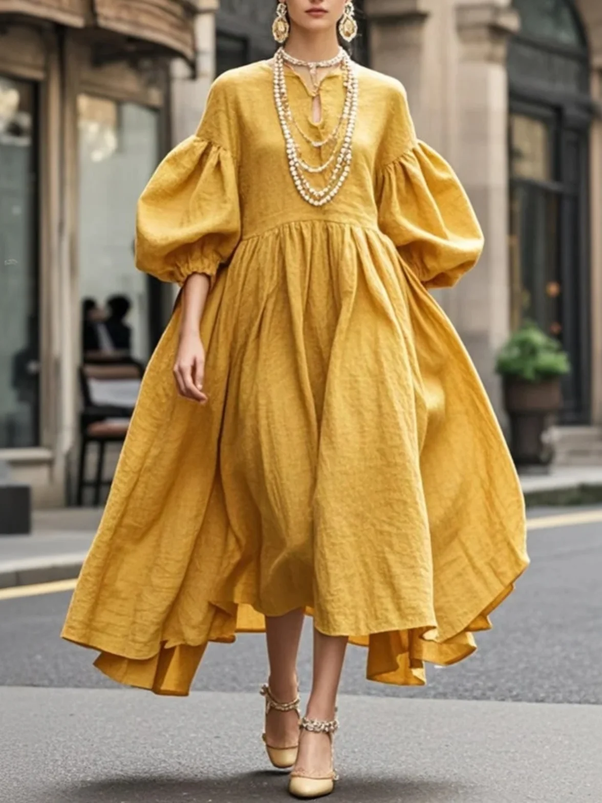 Elegant Plain Balloon Sleeve Notched Midi Dress