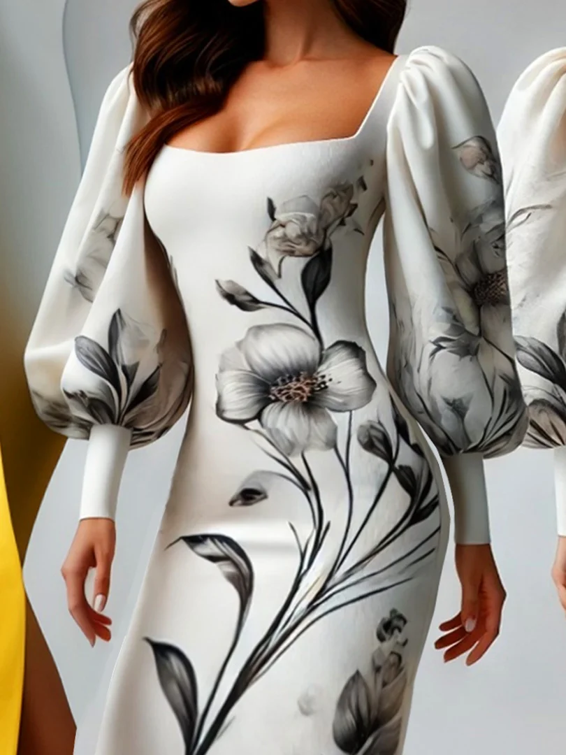 Urban Floral Balloon Sleeve Printing Square Neck Midi Dress