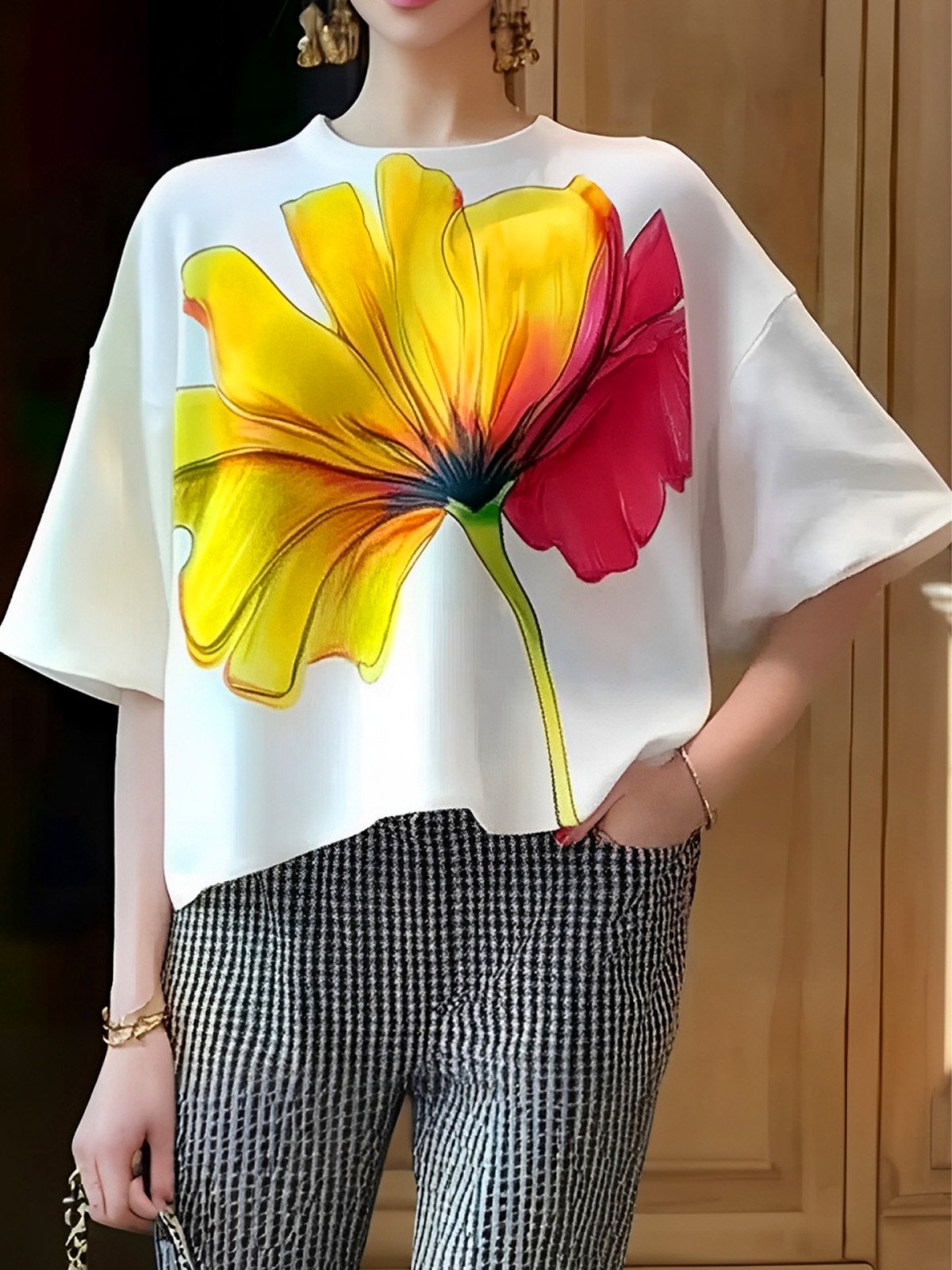 Casual Floral Printing Crew Neck T-shirt