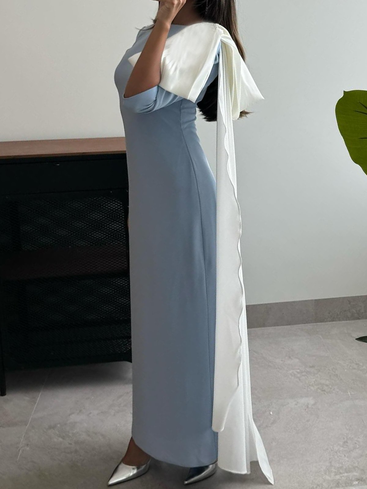 Elegant Plain Bow Crew Neck Maxi Dress