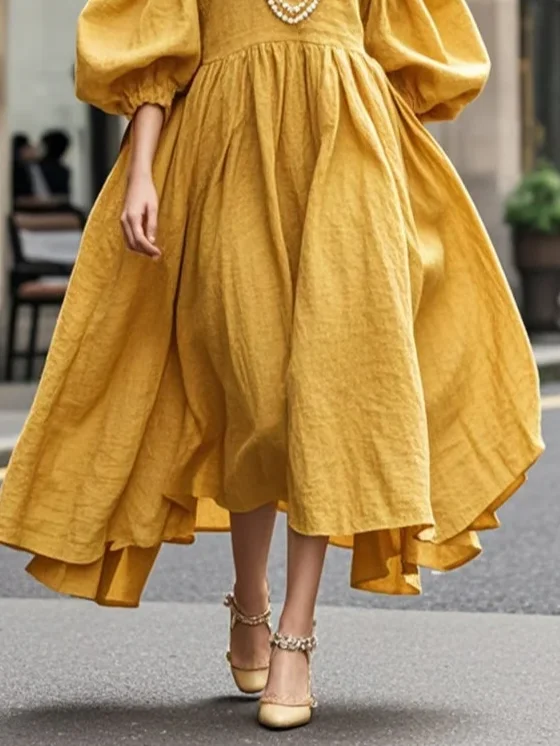 Elegant Plain Balloon Sleeve Notched Midi Dress