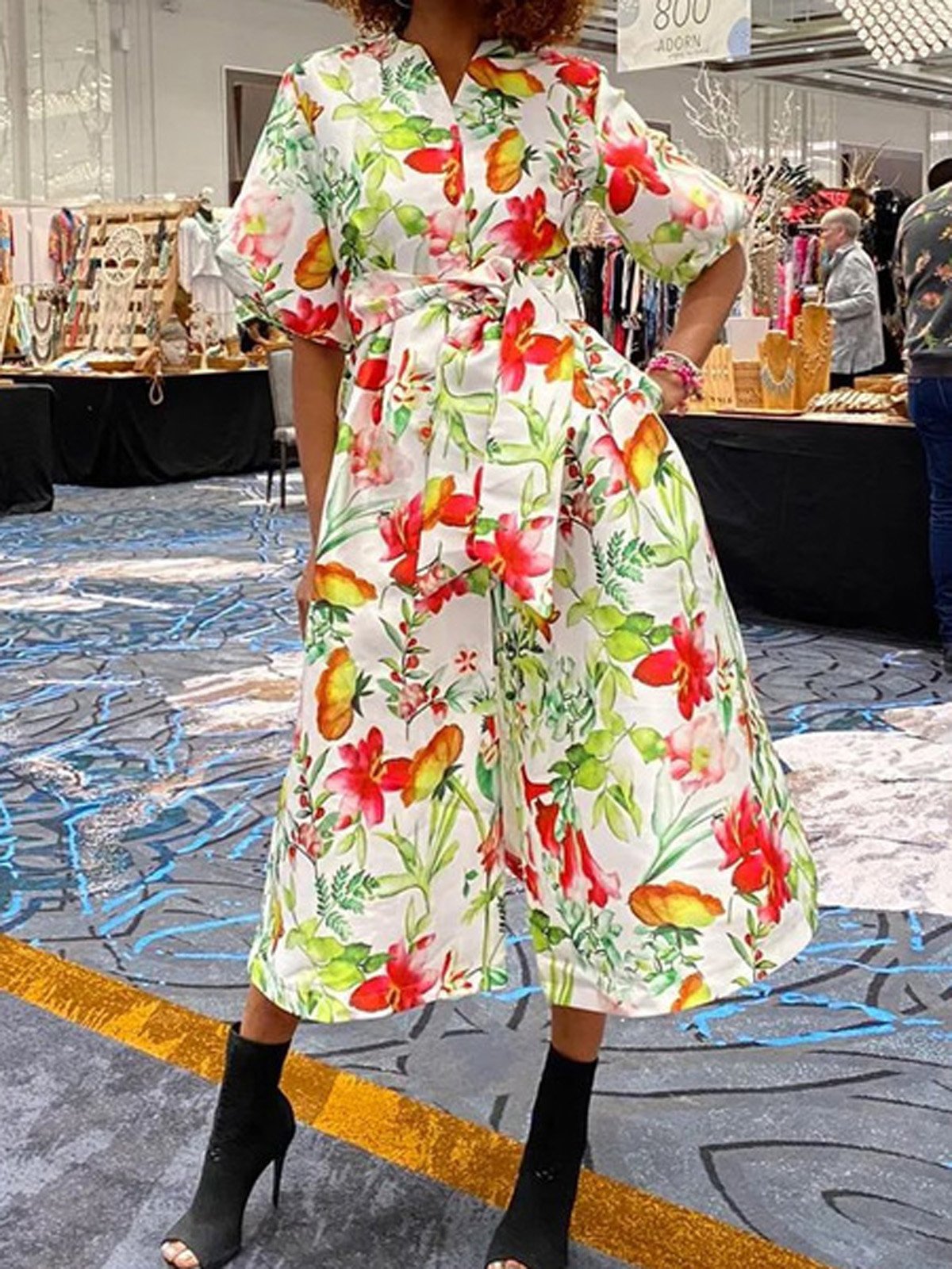 Urban Floral Balloon Sleeve Printing Notched Midi Dress With Belt