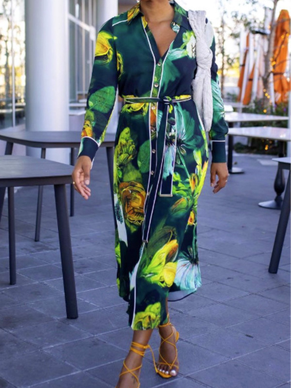 Urban Floral Printing Shirt Collar Midi Dress With Belt