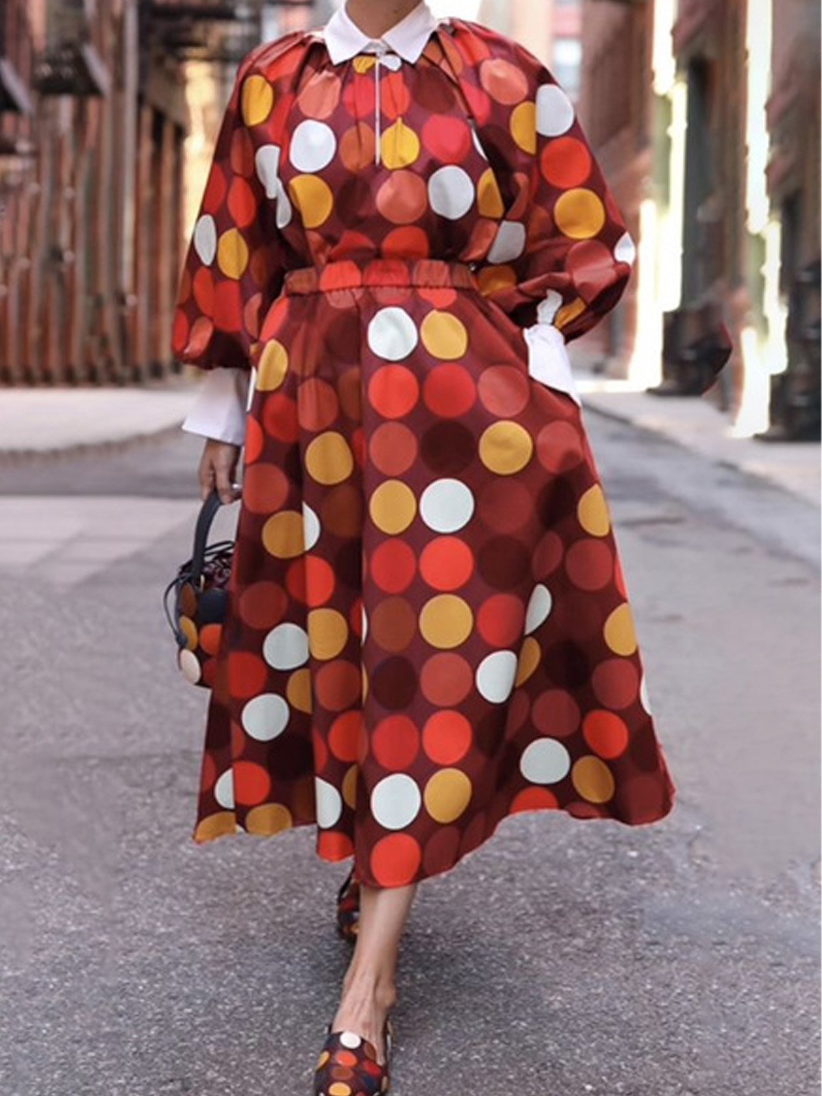 Urban Polka Dots Balloon Sleeve Printing Shawl Collar Maxi Dress