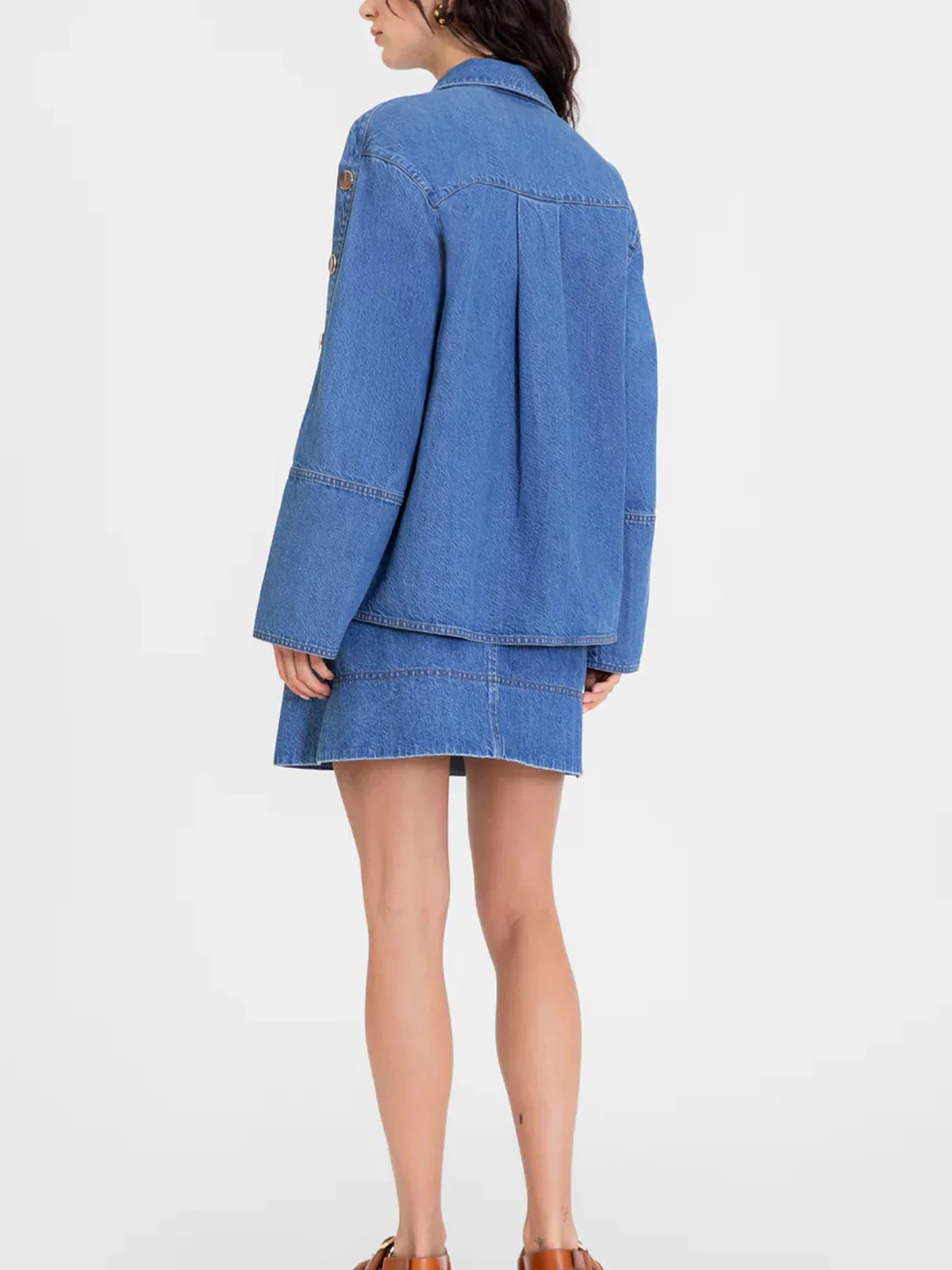 Casual Plain Buttoned V Neck Denim Top No Skirt