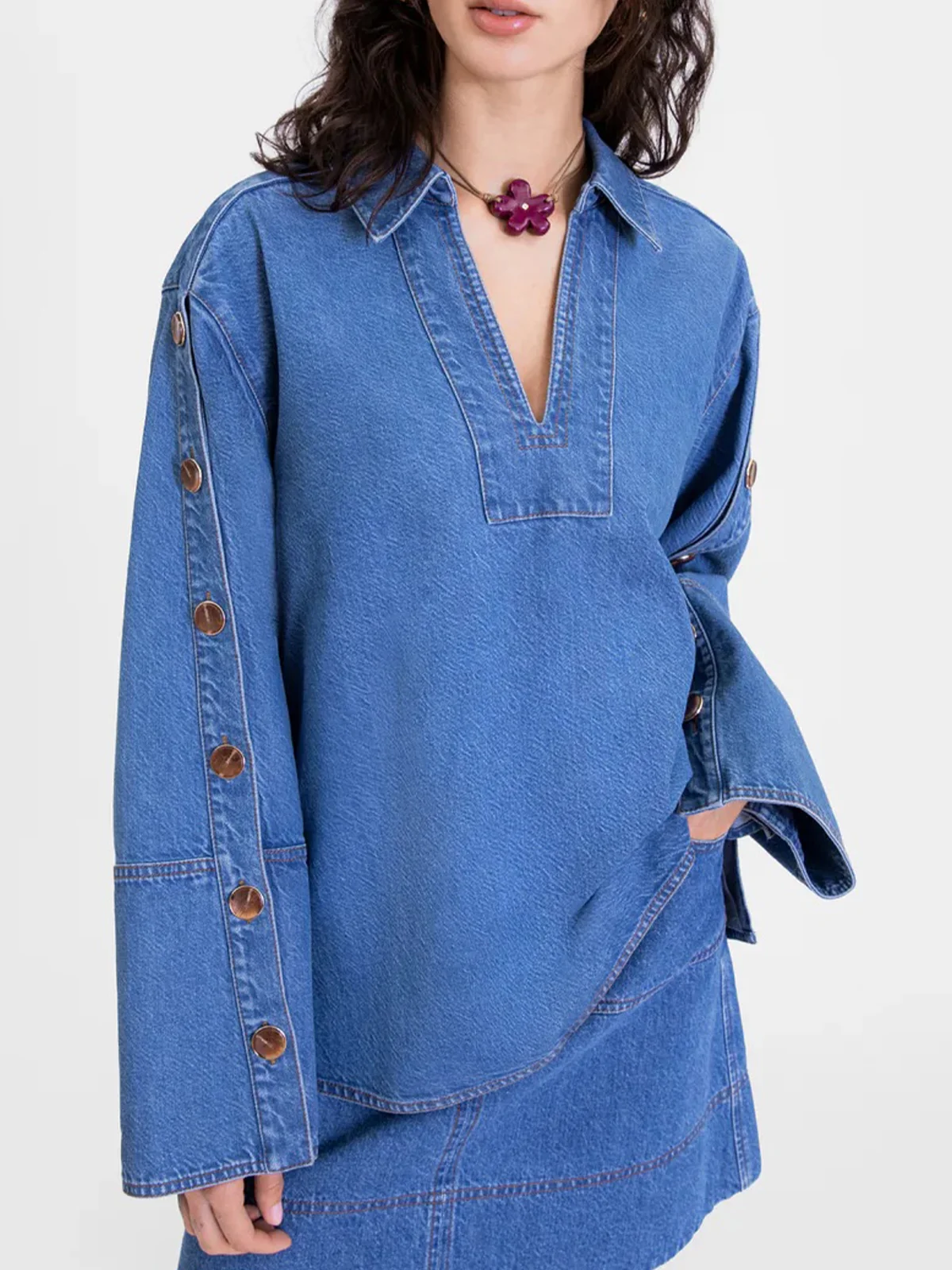 Casual Plain Buttoned V Neck Denim Top No Skirt