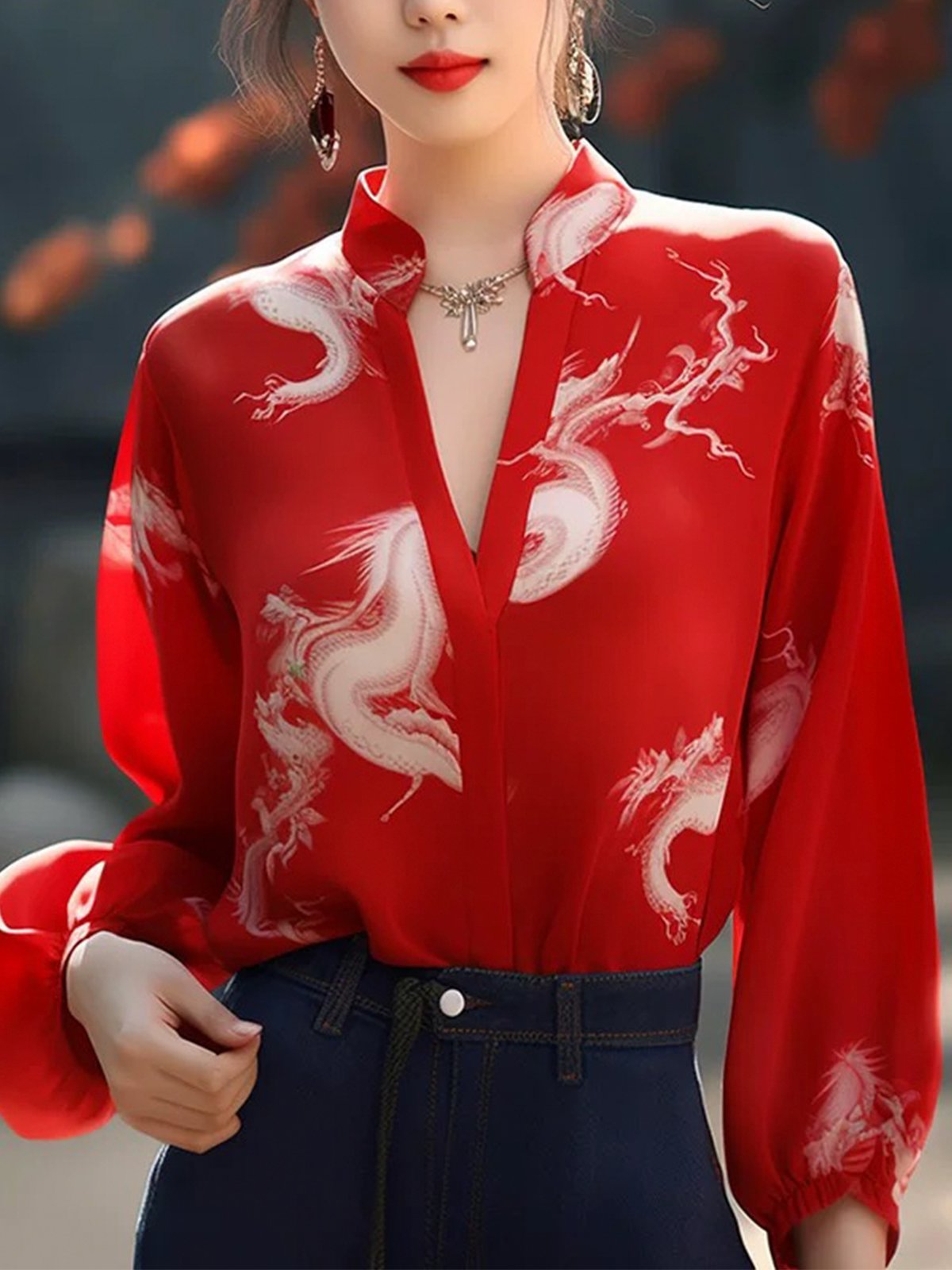 Elegant Random Print Printing Stand Collar Balloon Sleeve Shirt