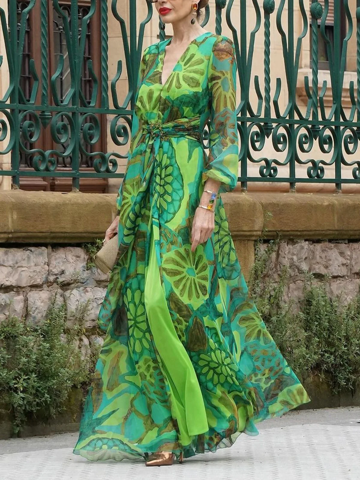 Vacation Botanical Pattern Printing V Neck Maxi Dress