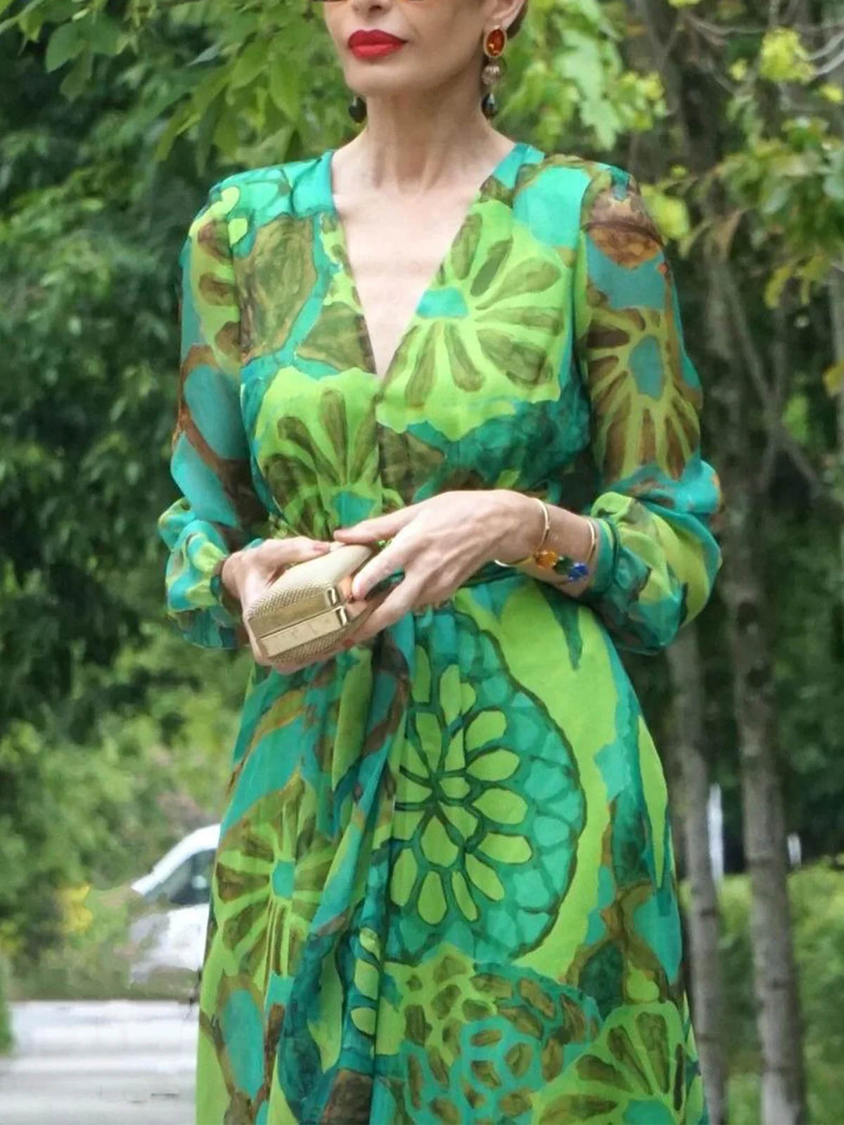 Vacation Botanical Pattern Printing V Neck Maxi Dress