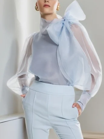 Urban Plain Bow Stand Collar Blouse