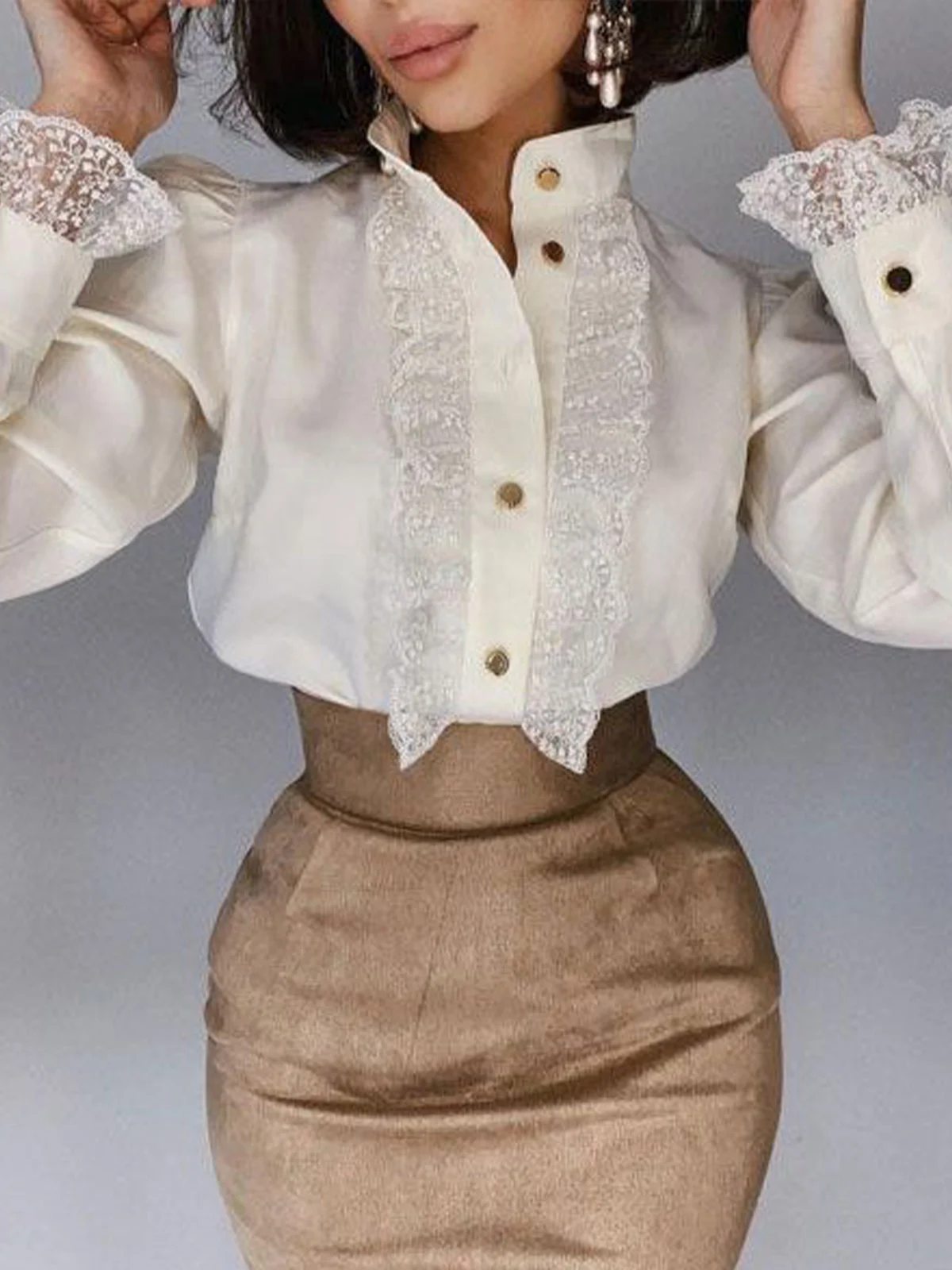 Elegant Plain Lace Stand Collar Puff Sleeve Shirt