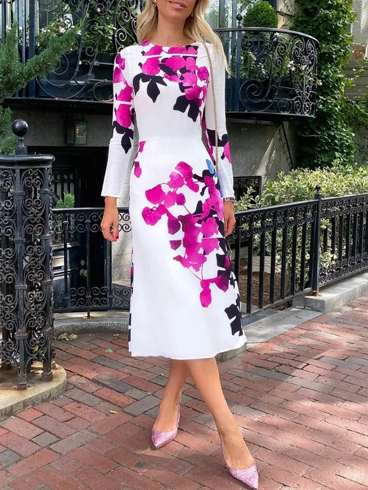 Elegant Floral Printing Crew Neck Midi Dress