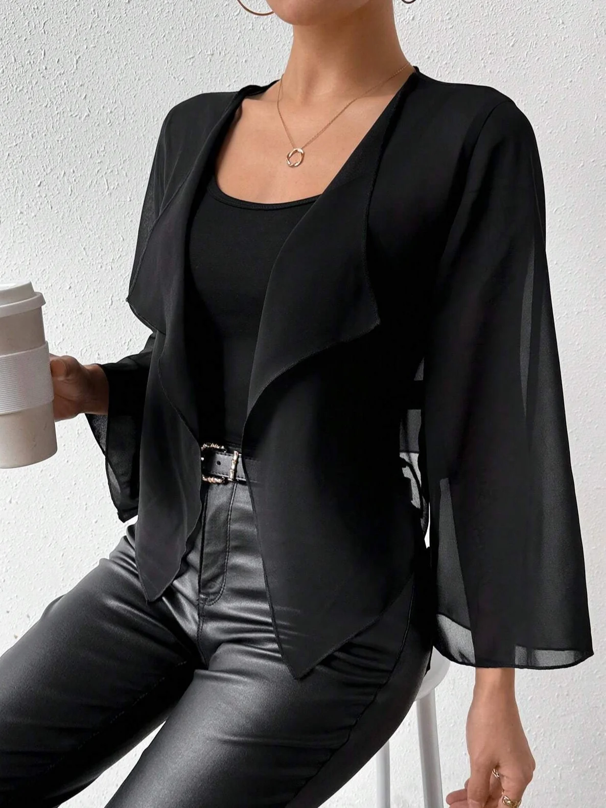 Elegant Plain Shawl Collar Bell Sleeve Kimono