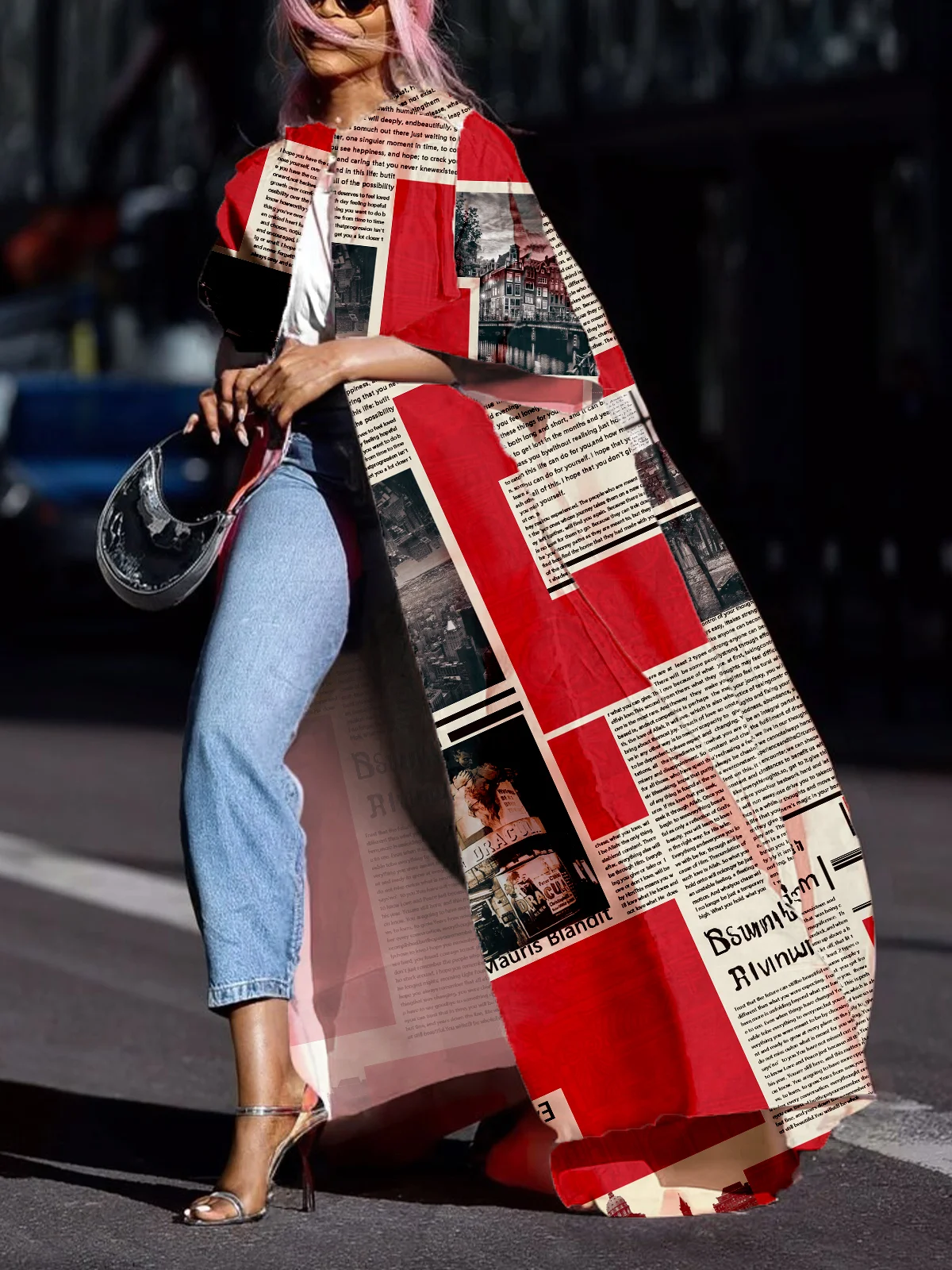 Urban Loosen Crew Neck Newspaper Kimono