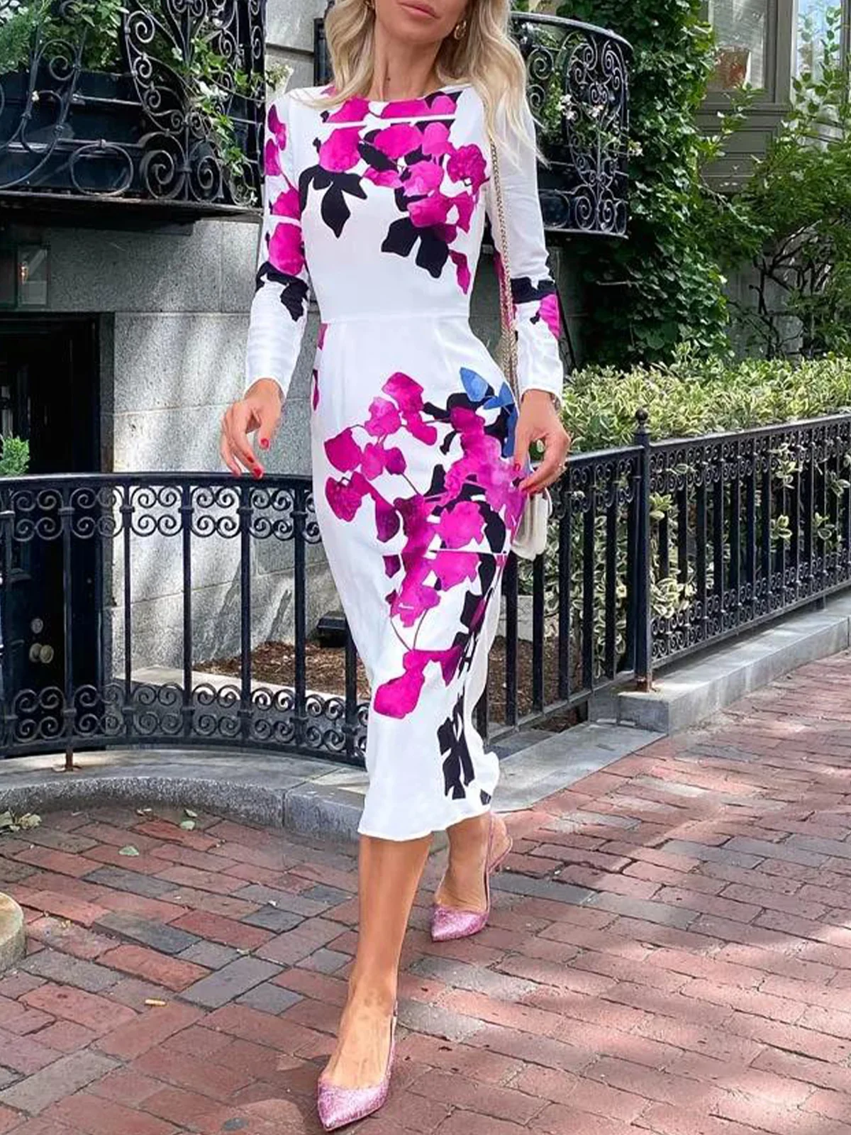 Elegant Floral Printing Crew Neck Midi Dress