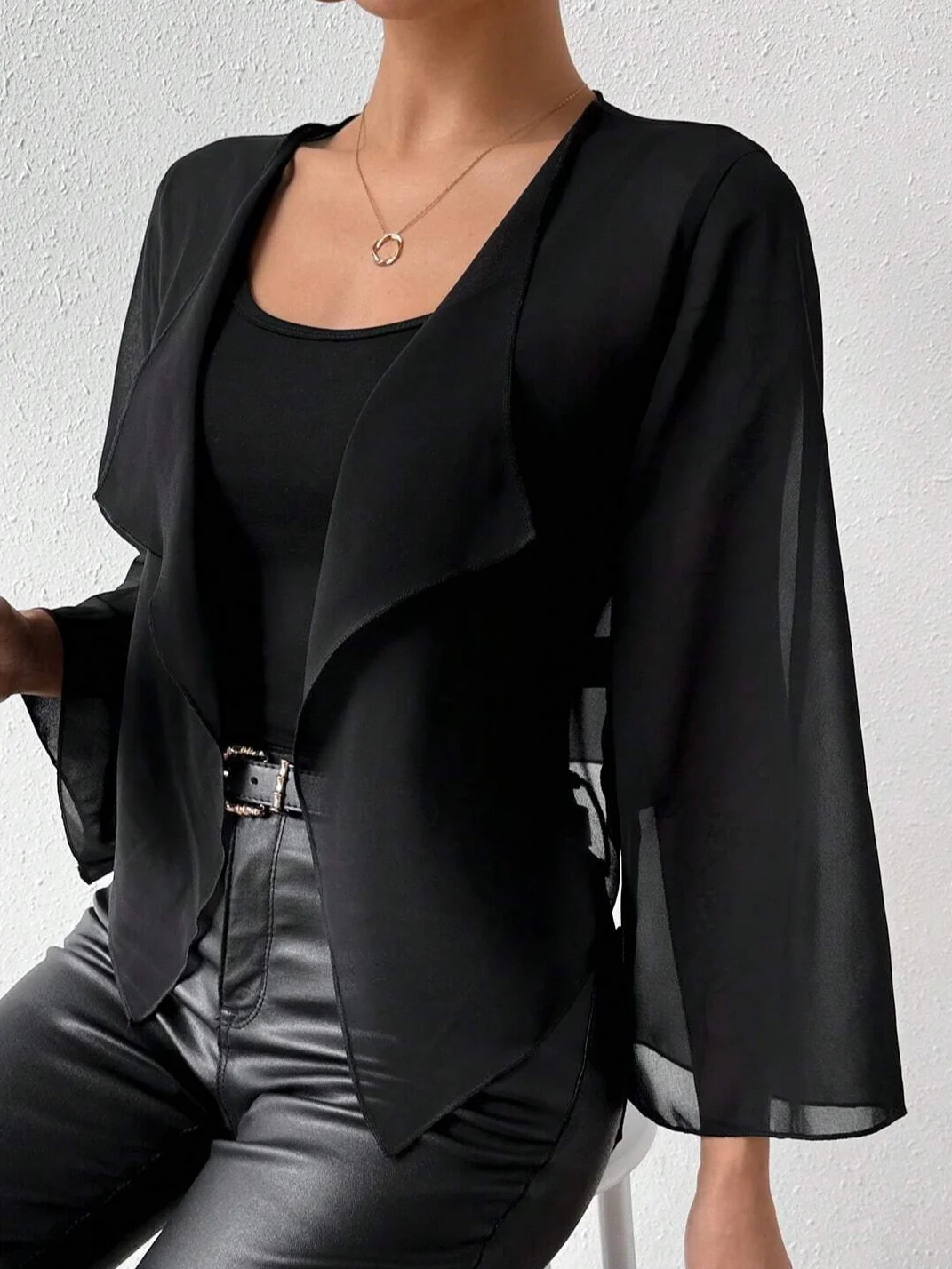 Elegant Plain Shawl Collar Bell Sleeve Kimono