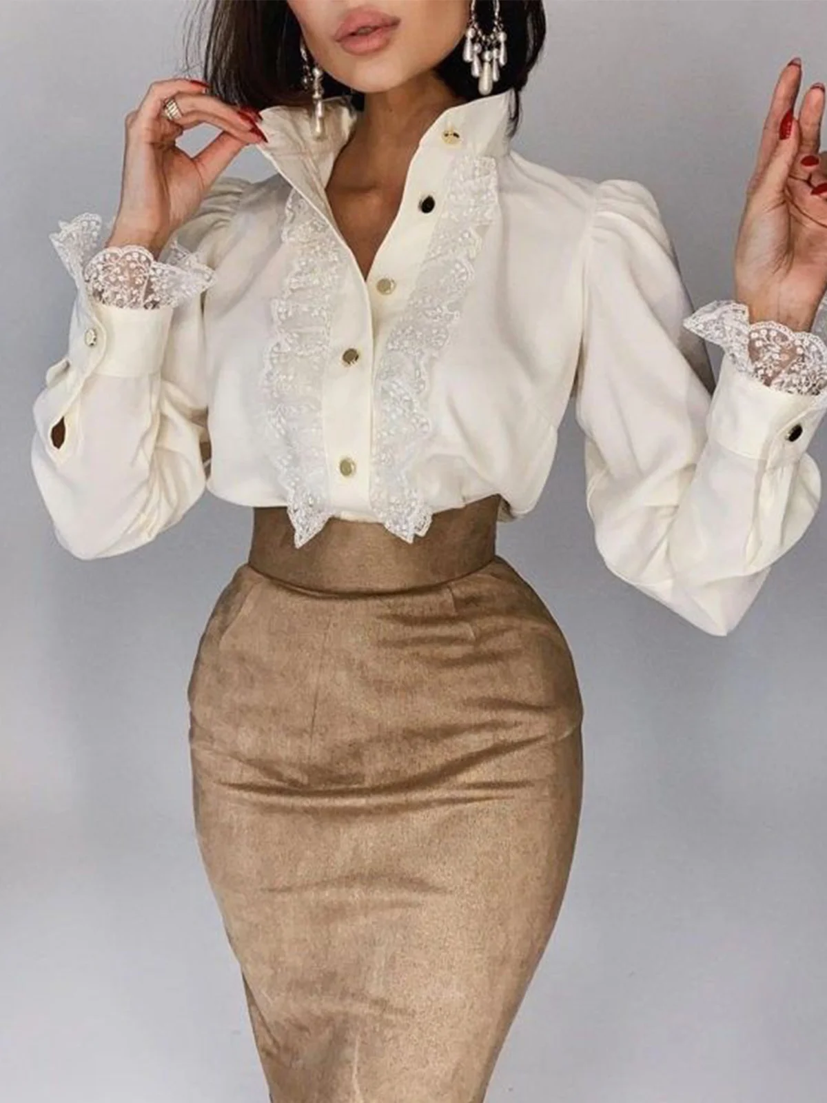 Elegant Plain Lace Stand Collar Puff Sleeve Shirt