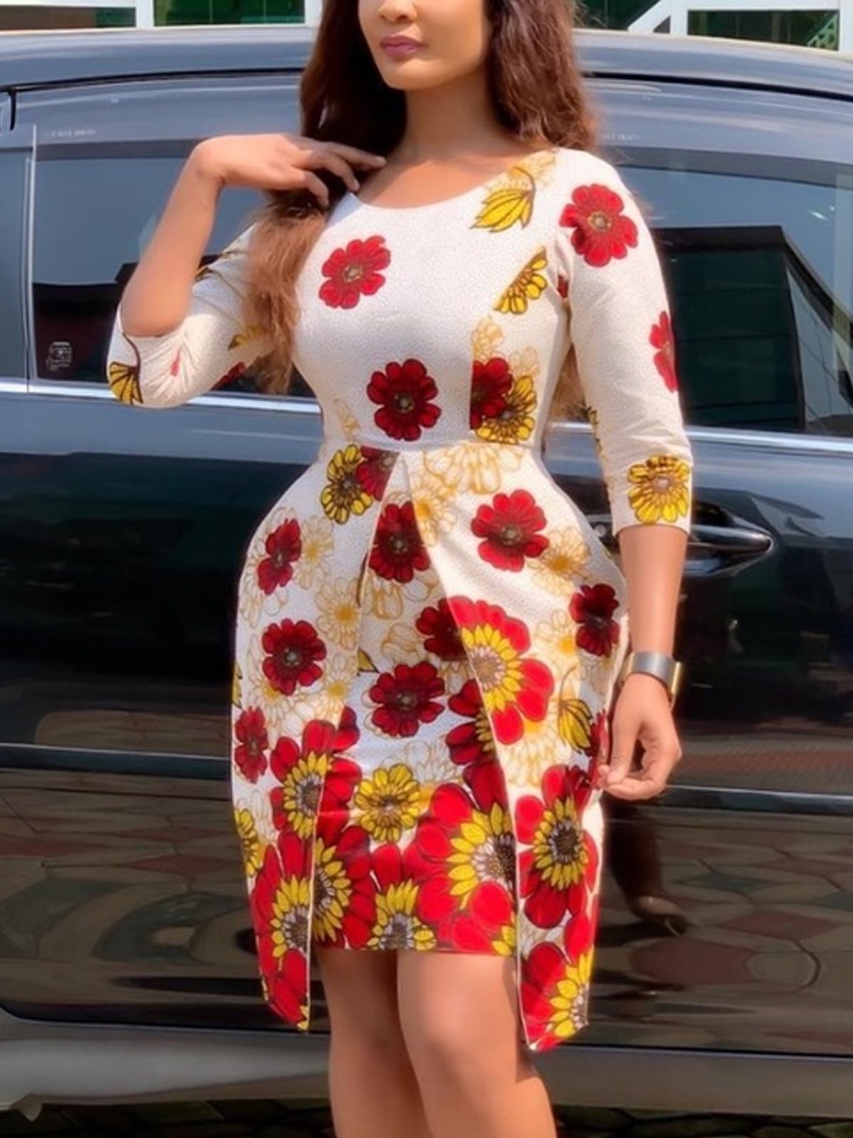 Elegant Floral Printing Crew Neck Knee Length Dress