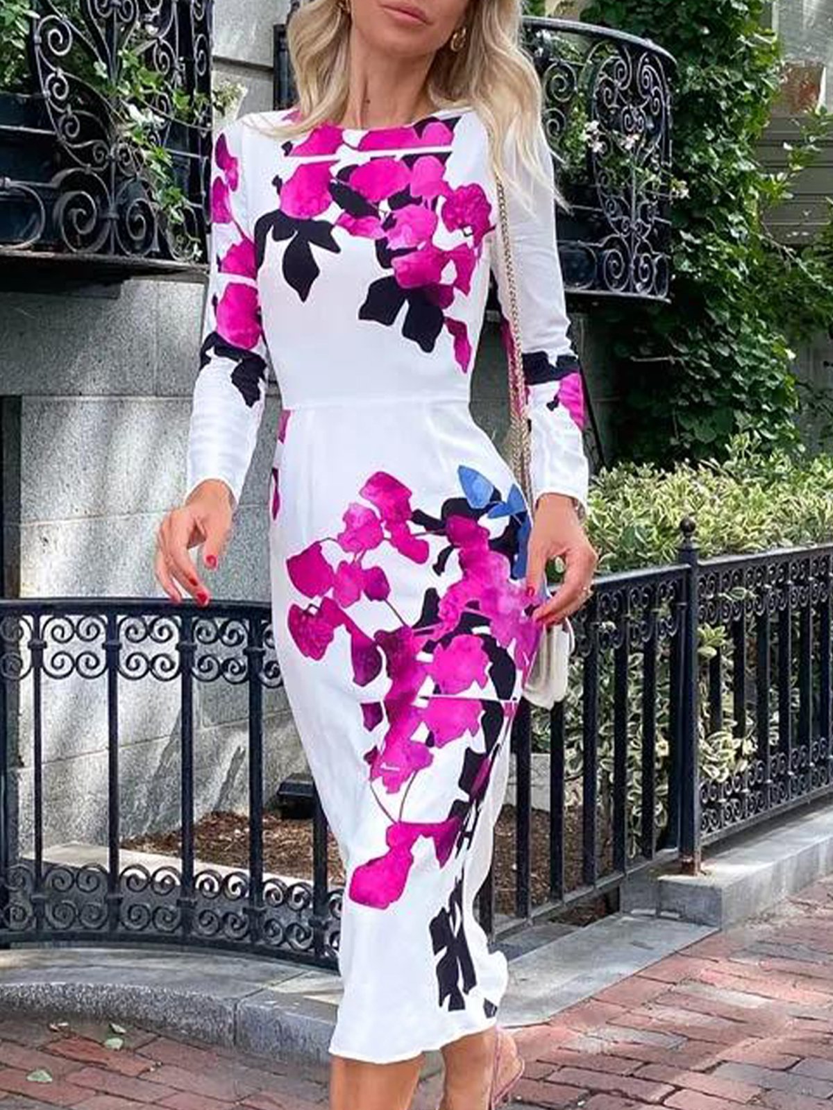 Elegant Floral Printing Crew Neck Midi Dress