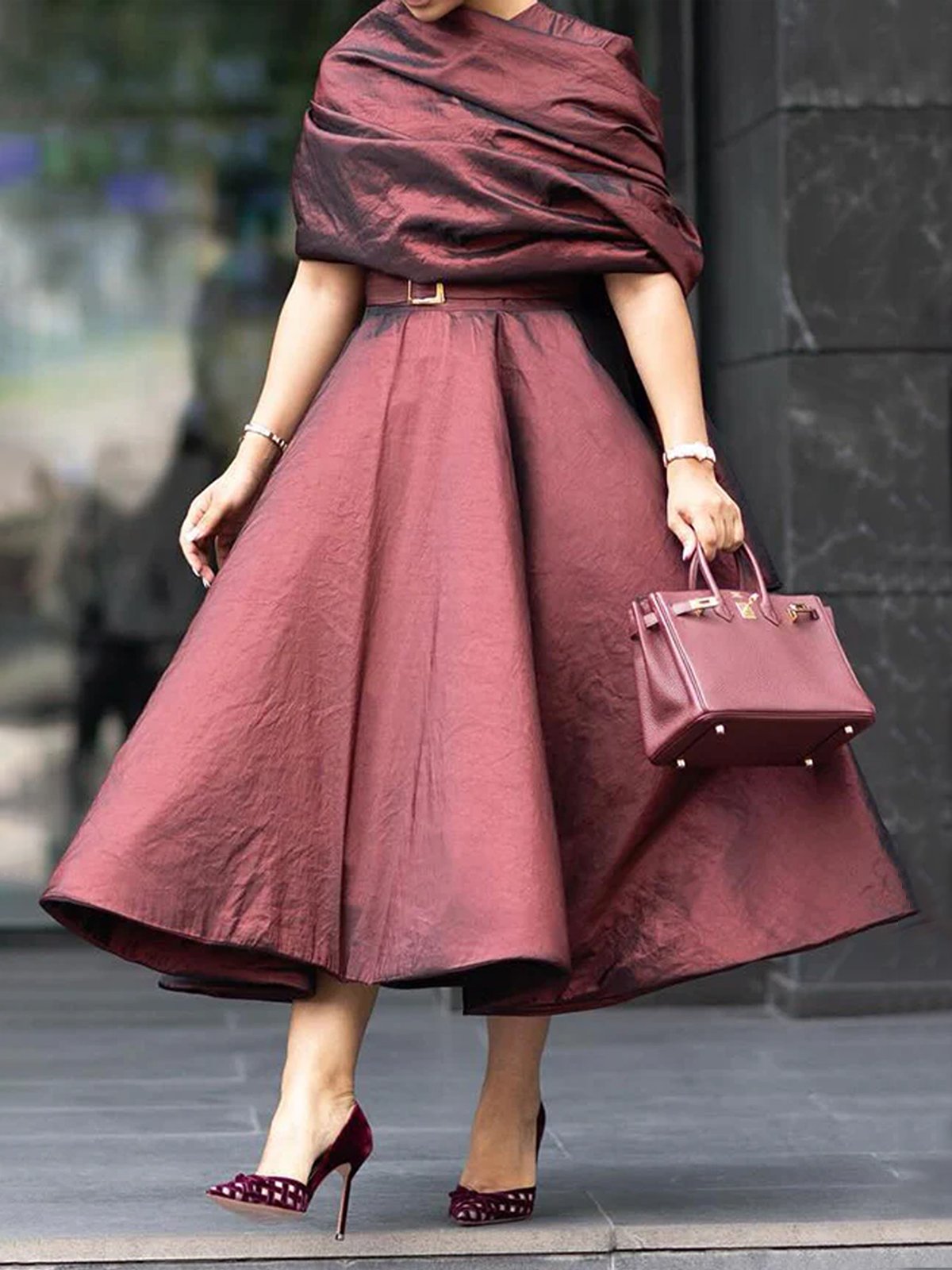 Elegant Plain Crew Neck Midi Party Dress With Shawl