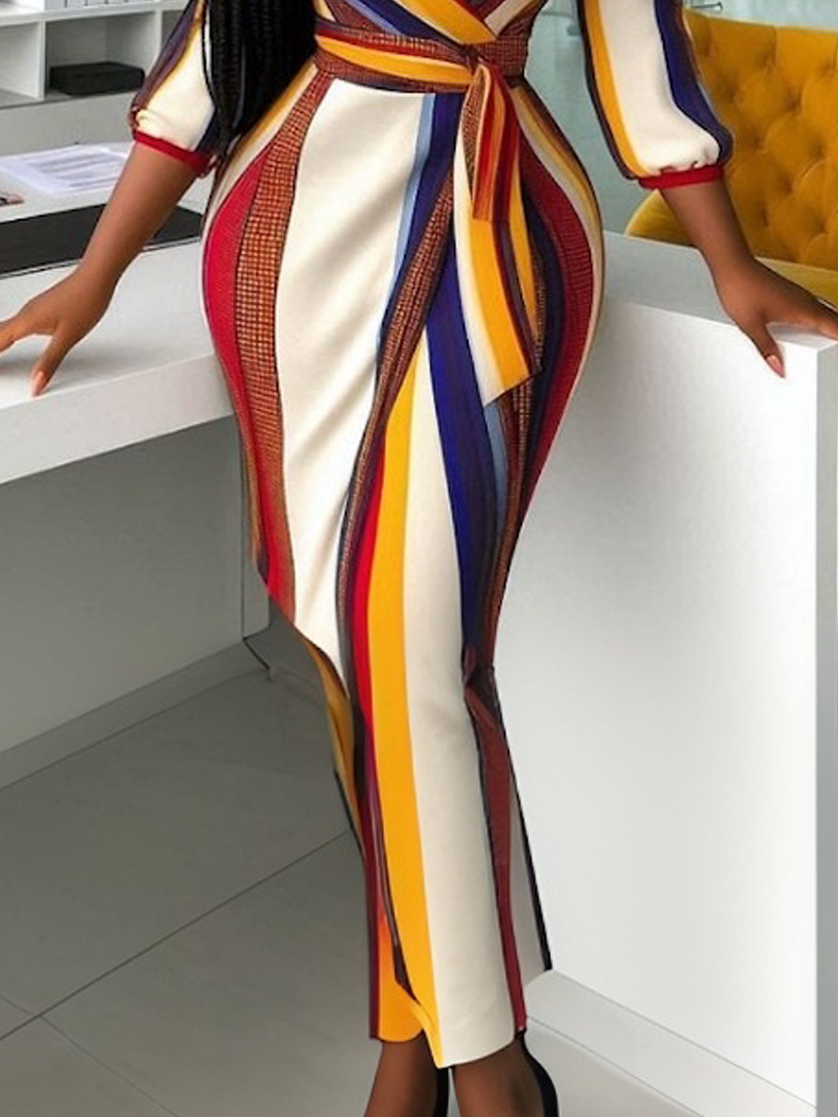 Elegant Striped  Maxi Dress With Belt