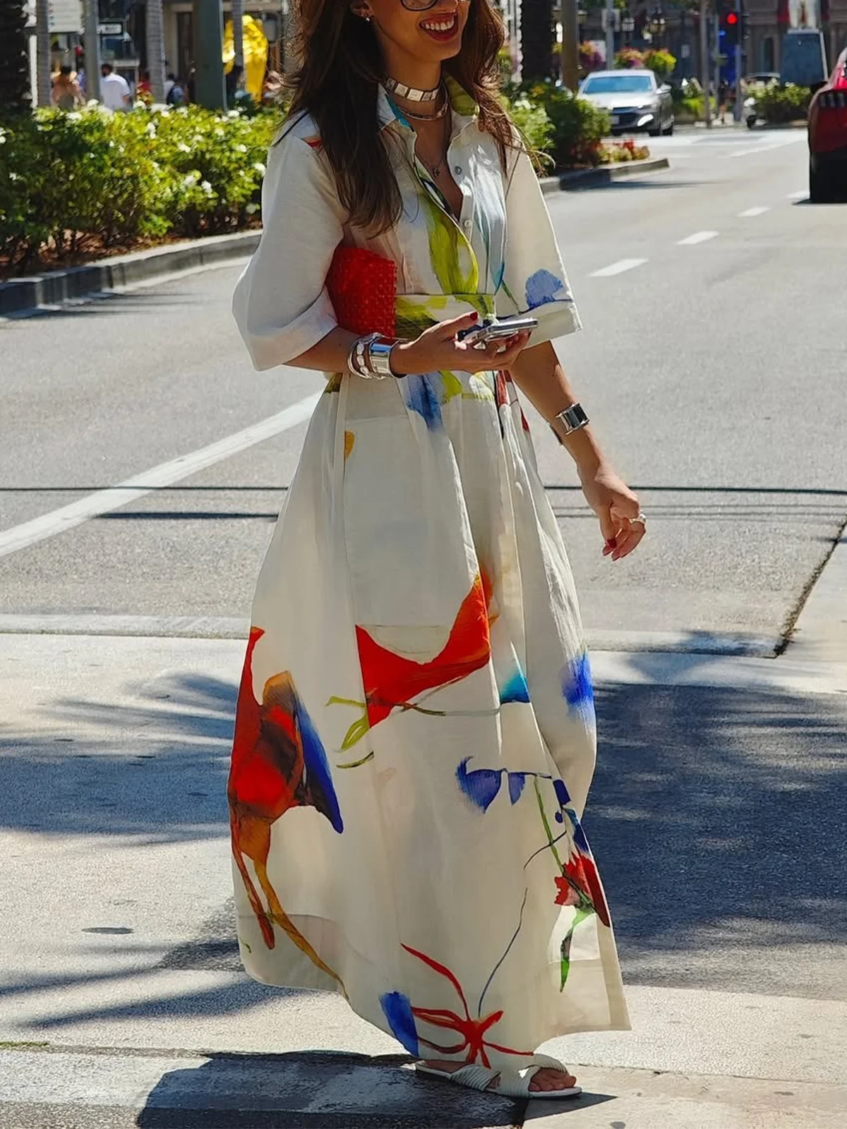 Casual Floral Loosen Shirt Collar Maxi Dress With Belt