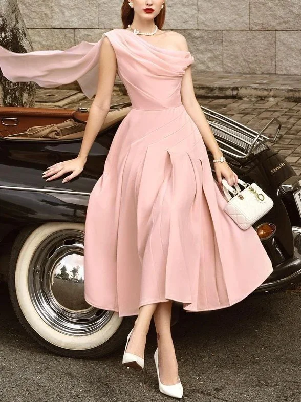 Elegant Plain Ruched Midi Party Dress