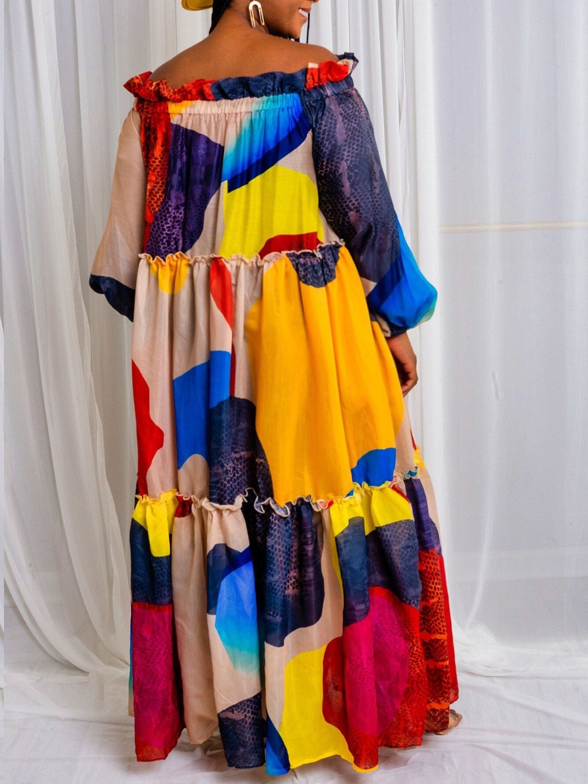 Vacation Abstract Off The Shoulder Maxi Dress