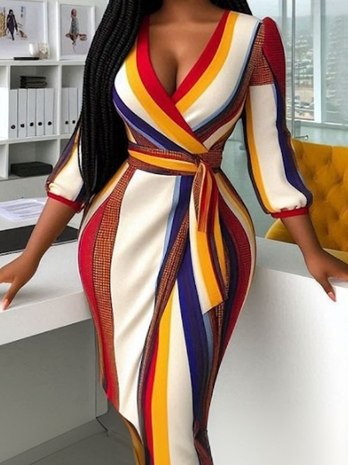 Elegant Striped  Maxi Dress With Belt