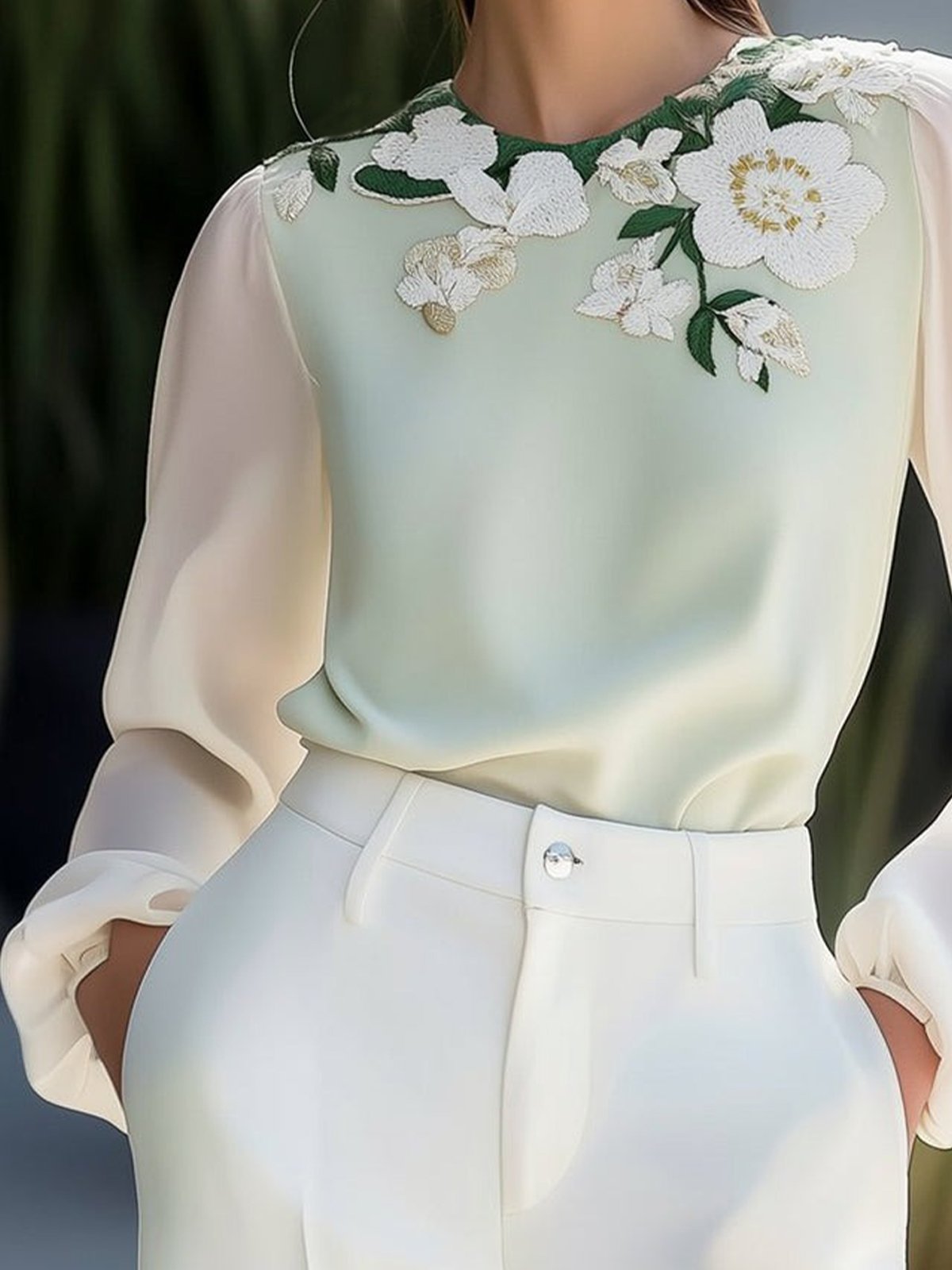 Elegant Floral Embroidery Crew Neck Blouse