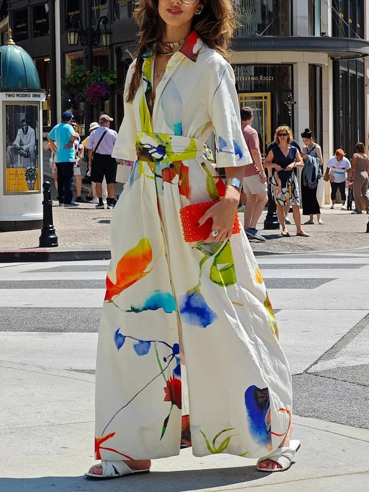 Casual Floral Loosen Shirt Collar Maxi Dress With Belt