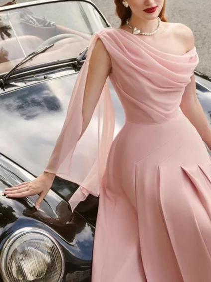 Elegant Plain Ruched Midi Party Dress