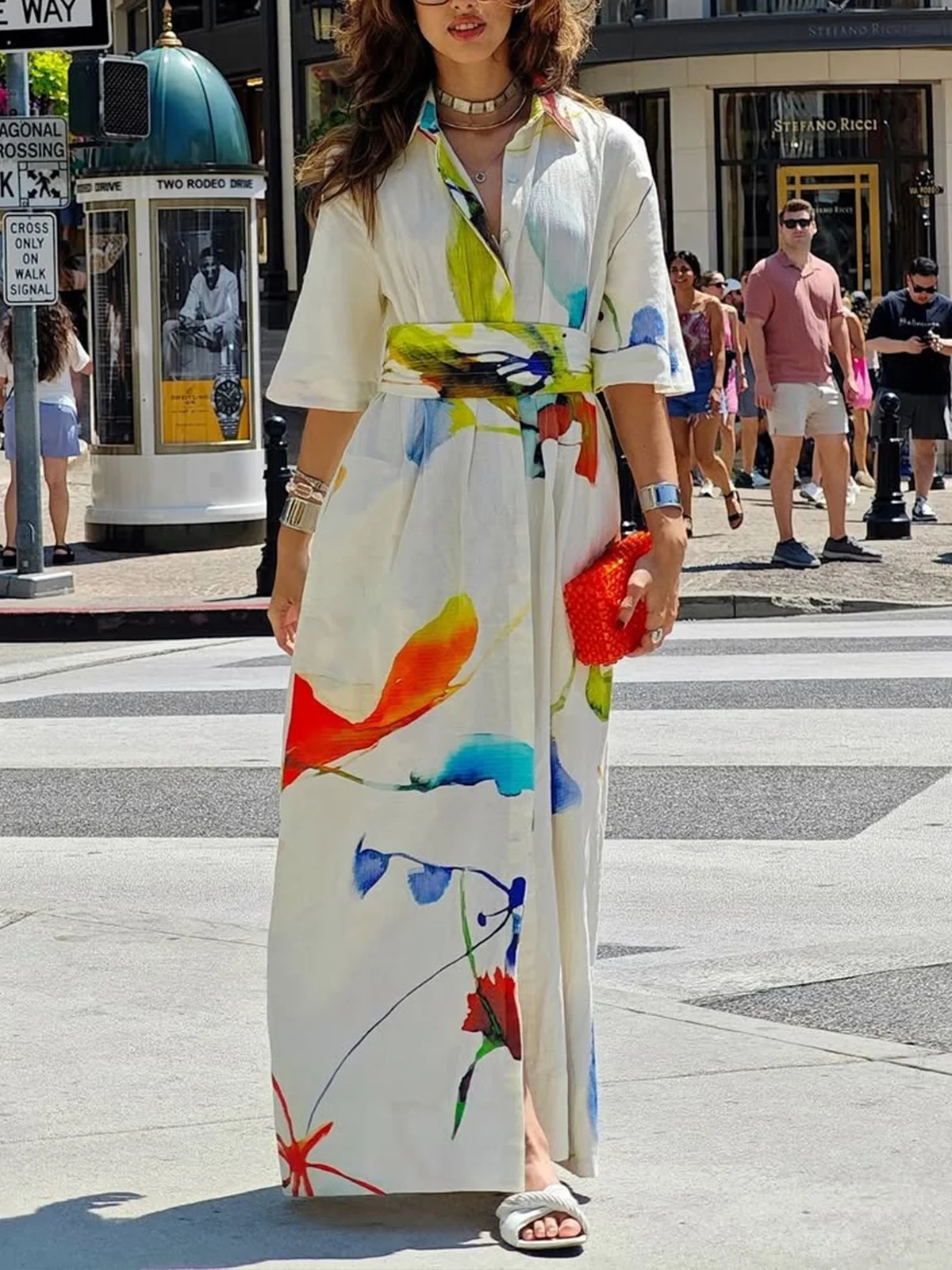 Casual Floral Loosen Shirt Collar Maxi Dress With Belt