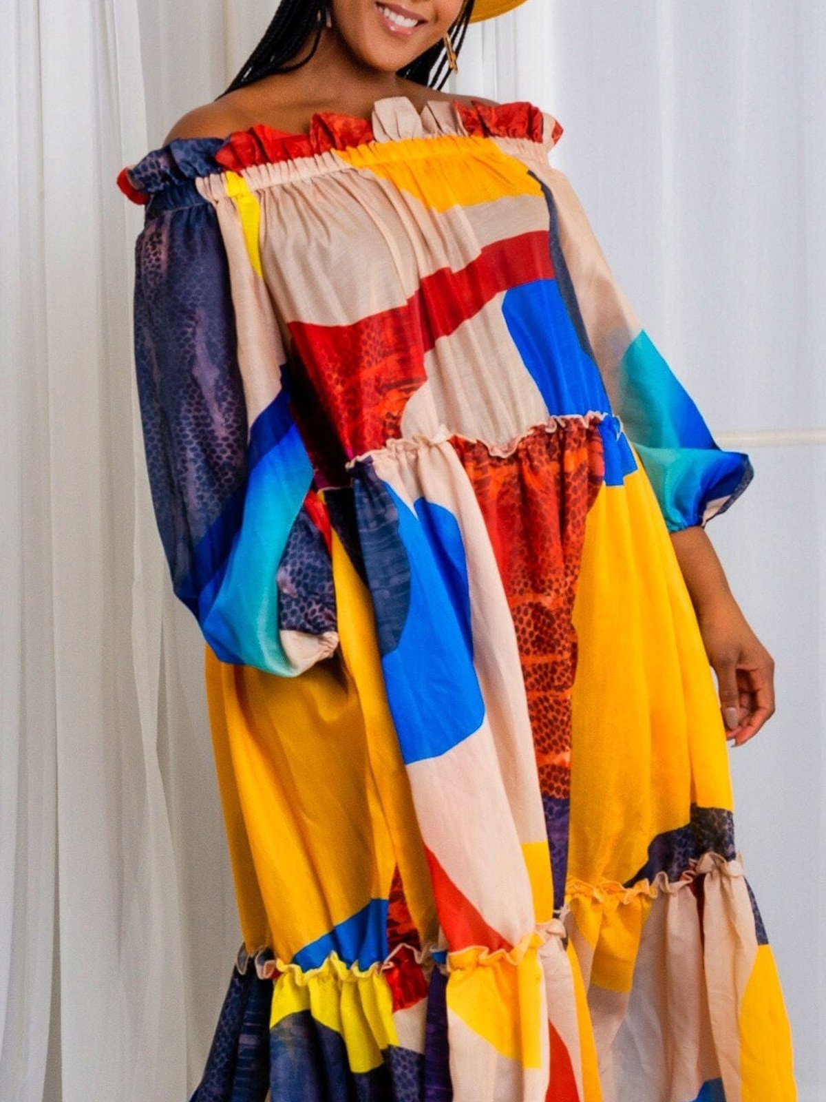 Vacation Abstract Off The Shoulder Maxi Dress