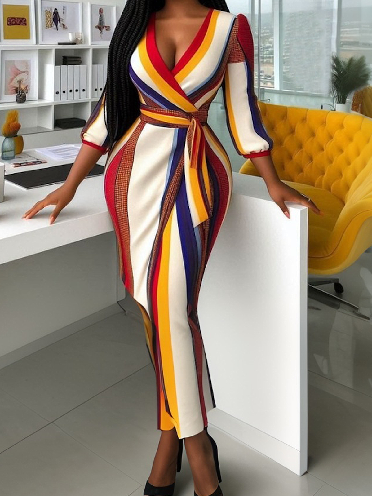 Elegant Striped  Maxi Dress With Belt