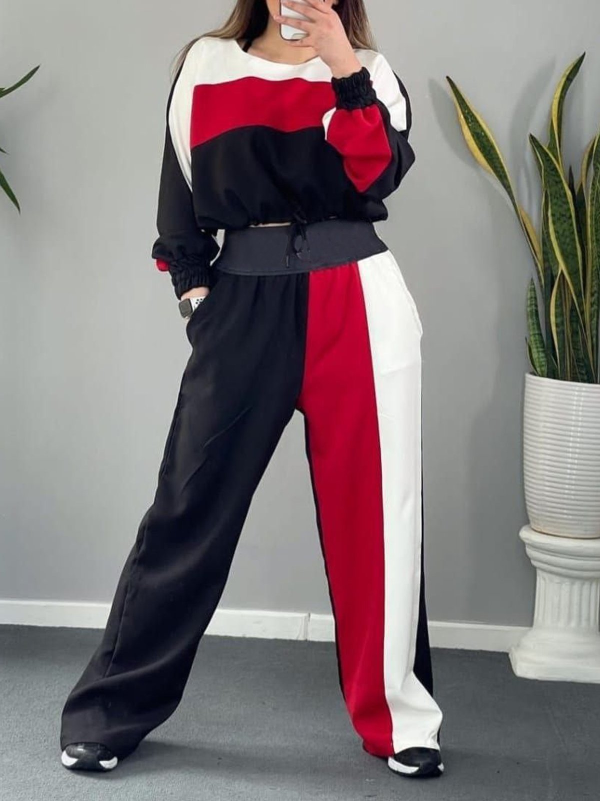 Casual Color Block Wide Leg Pants