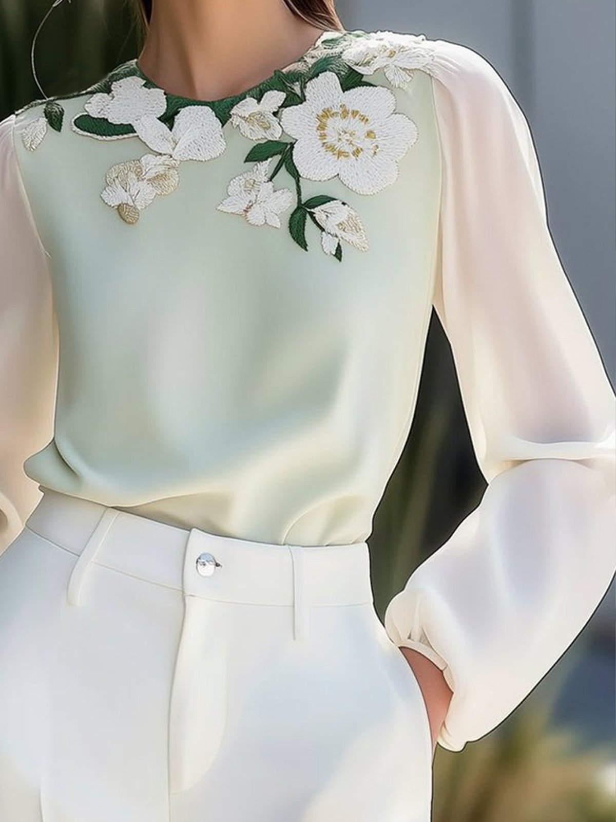 Elegant Floral Embroidery Crew Neck Blouse